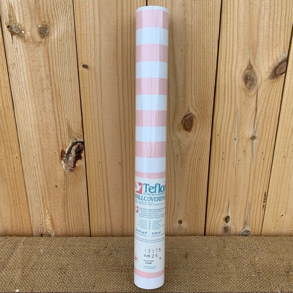 🆕 Vintage Teflon Wallcoverings Pink White Stripe Wallpaper 56 sq foot